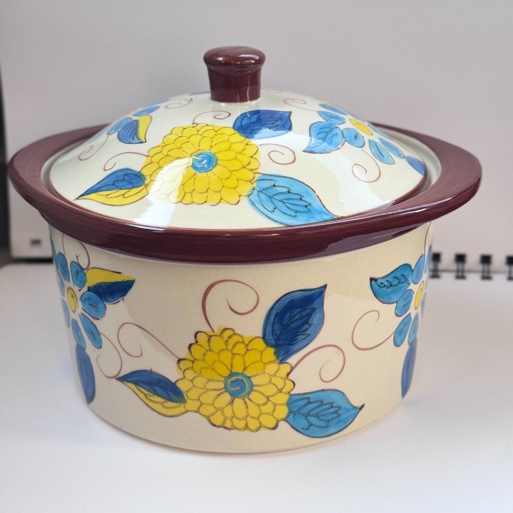 Temp-Tations Yellow &‎ Blue Floral 1 Qt Casserole Presentable Ovenware Crock